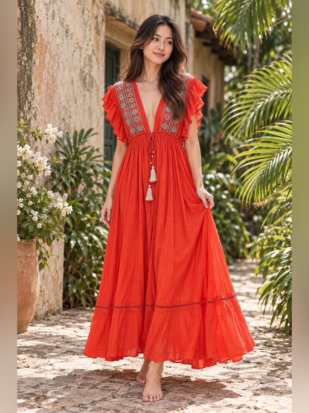 Free People Bali Will Wait For You Embroidered Midi Dress Red L